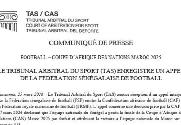 L'appel concerne une décision prise par la CAF le 17 mars 2026 déclarant que l'équipe nationale du Sénégal a perdu la finale de la Coupe d'Afrique des Nations (CAN) Maroc 2025 par forfait et attribuant la victoire à l'équipe nationale du Maroc sur le score de 3-0.
