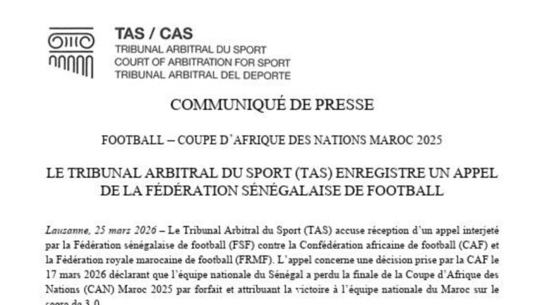 L'appel concerne une décision prise par la CAF le 17 mars 2026 déclarant que l'équipe nationale du Sénégal a perdu la finale de la Coupe d'Afrique des Nations (CAN) Maroc 2025 par forfait et attribuant la victoire à l'équipe nationale du Maroc sur le score de 3-0.